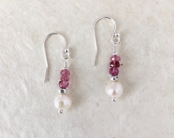 Dainty Pink Tourmaline Pearl Hill Tribe Thai Silver Beaded Earrings, Sundance Style, Sundance Tribe, Valentine's Day, October Birthstone