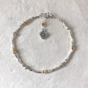 Hill Tribe Silver & Gold Beaded Bracelet: Boho Heart Charm