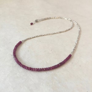 Natural African Ruby Karen Hill Tribe Thai Silver Beaded Necklace, Sundance Style, Layering Necklace, July Birthstone, Dainty Necklace