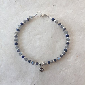 Lapis Lazuli Labradorite Iolite Karen Hill Tribe Thai Silver Beaded Bracelet with Heart Charm, Sundance Style, Boho Chic, Gifts for Her