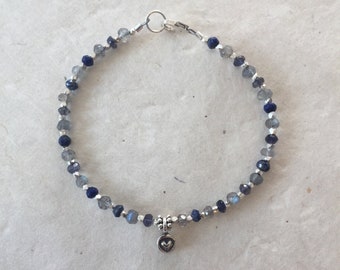 Lapis Lazuli Labradorite Iolite Karen Hill Tribe Thai Silver Beaded Bracelet with Heart Charm, Sundance Style, Boho Chic, Gifts for Her