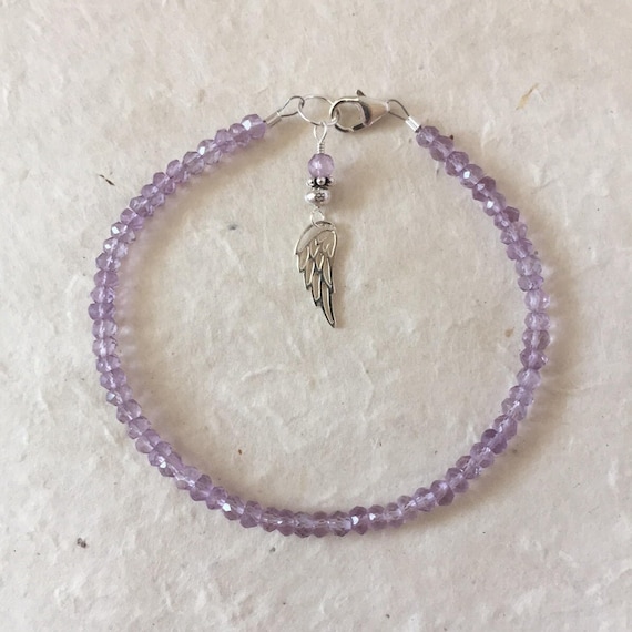 Pink Amethyst Beaded Bracelet: Sterling Silver Angel Wing Charm