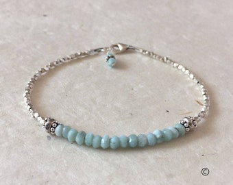 Larimar Karen Hill Tribe Thai Silver Beaded Bracelet, Sundance Style, Sundance Tribe, Stack Bracelet, Bridesmaid gift, Something Blue