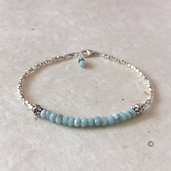 Pulsera de cuentas de larimar: plata tailandesa de la tribu Karen Hill, estilo Sundance