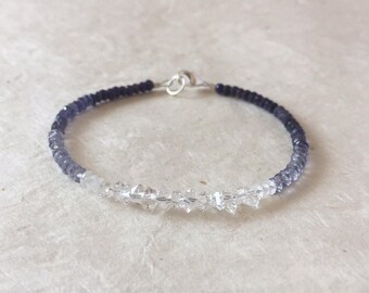 Blue Sapphire Iolite Moonstone Herkimer Diamond Sterling Silver Beaded Bracelet, Sundance Style, Dainty Bracelet, Layering Bracelet