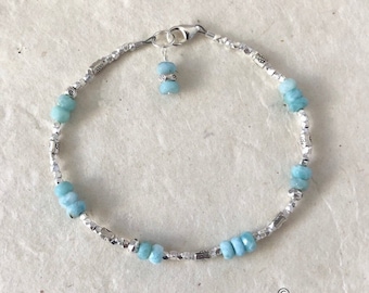 Pulseira de contas de larimar: Tribo Karen Hill, prata tailandesa, estilo boho