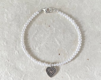 Dainty Pearl Hill Tribe Thai Silver Beaded Stacking Bracelet with Heart Charm, Sundance Style, Sundance Tribe, June Birthstone