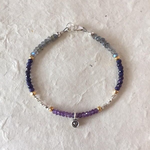 Amethyst Blue Sapphire Labradorite Karen Hill Tribe Thai Silver and Gold Vermeil Beaded Bracelet with Heart Charm, Sundance Style, Boho Chic