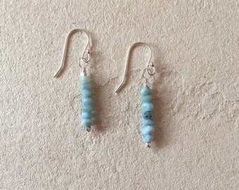 May include: A pair of silver dangle earrings with light blue gemstone beads.