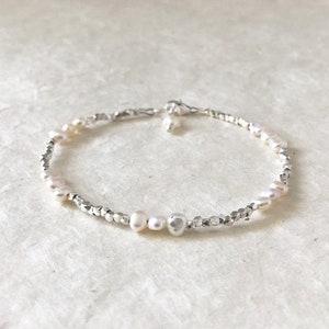 Cultured Pearl Bracelet: Karen Hill Tribe Thai Silver Beaded, Dainty Stacking image 2