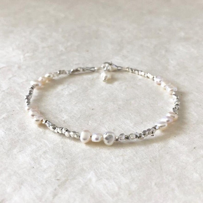 Cultured Pearl Bracelet: Karen Hill Tribe Thai Silver Beaded, Dainty Stacking image 2
