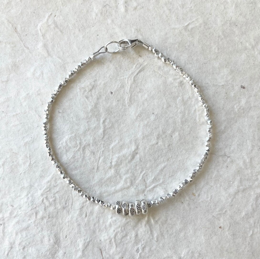 Daisy Disk Thai Silver Beaded Bracelet: Hill Tribe Stacking Jewelry
