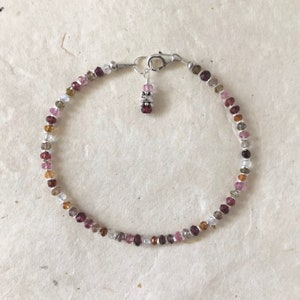 Sapphire Tourmaline Beaded Bracelet: Karen Hill Tribe Thai Silver, Dainty Stacking Bracelet