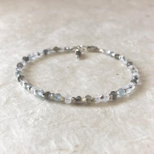 Aquamarine Labradorite Moonstone Beaded Bracelet: Karen Hill Tribe Thai Silver