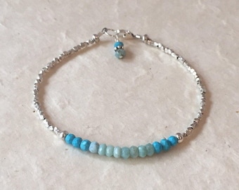 Turquoise Larimar Bracelet: Karen Hill Tribe Thai Silver, Boho Style