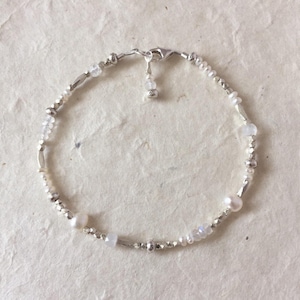 Moonstone Cultured Pearl Rice Pearl Karen Hill Tribe Thai Silver Beaded Bracelet, Sundance Style, Wedding Jewelry, Bridal Bracelet