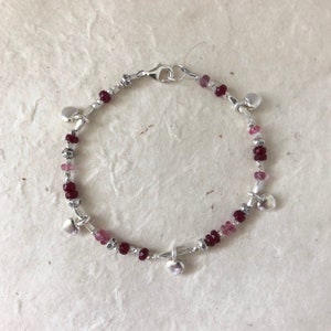 Ruby Tourmaline Hill Tribe Thai Silver Beaded Stacking Bracelet with Heart Charms, Sundance Style, Sundance Tribe, Valentine&#39;s Bracelet