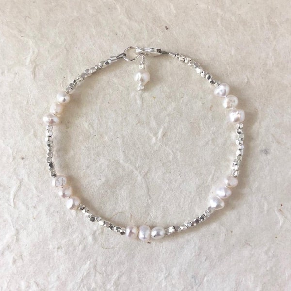 Cultured Pearl Karen Hill Tribe Thai Silver Beaded Stacking Bracelet, Sundance Style, June Birthstone, Dainty Bracelet, Layering Bracelet