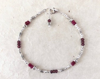 Garnet Ruby Hill Tribe Thai Silver Beaded Bracelet, Sundance Style, Sundance Tribe, Dainty Bracelet, January Birthstone, July Birthstone