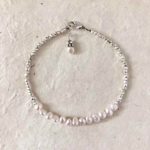 Cultured Pearl Karen Hill Tribe Thai Silver Beaded Stacking Bracelet, Sundance Style, June Birthstone, Dainty Bracelet, Layering Bracelet