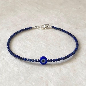 Lapis Lazuli Evil Eye Silver Beaded Bracelet Boho Stack - Etsy
