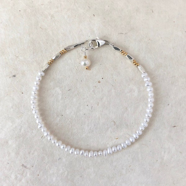 Rice Pearl Karen Hill Tribe Thai Silver and Gold Beaded Stacking Bracelet, Sundance Style, Dainty Bracelet, June Birthday, June Birthstone