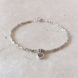 Karen Hill Tribe Thai Silver Beaded Bracelet with Daisy Imprint Charm, Sundance Style, Boho Chic, Layering Bracelet, Dainty Bracelet