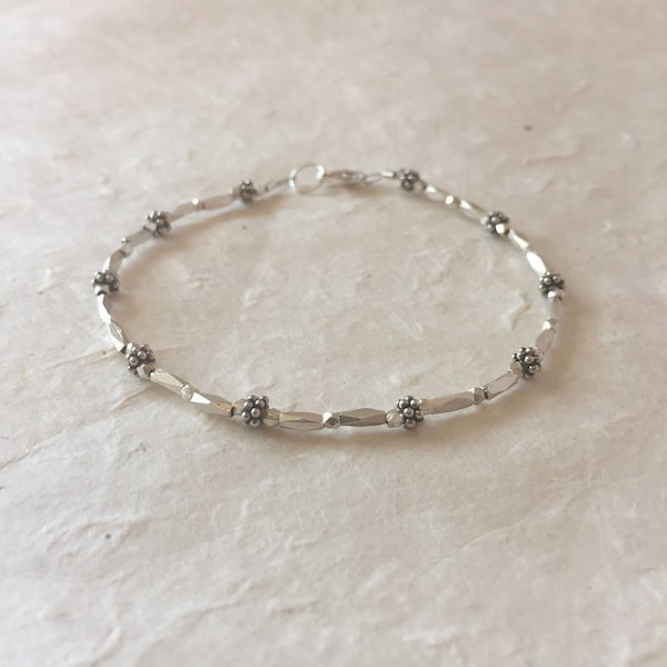 Dainty Karen Hill Tribe Thai Silver Tube Beaded Bracelet, Sundance Style, Boho Chic, Layering Bracelet, Stacking Bracelet, Gifts for Her