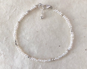 Pulseira de Pérolas de Arroz: Tribo Karen Hill, Prata Tailandesa, Pulseira Delicada para Usar em Conjunto