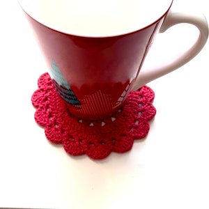 Four Pack Handmade Crotchet Coasters/ Red Purple Yellow Green Cup or Mug Coaster/ Small Coaster or Doilies