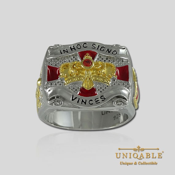 UNIQABLE Sterling Silver 925 Masonic Knight Templar Ring - 18k Gold Plated, Cross & Crown Design, Size 12