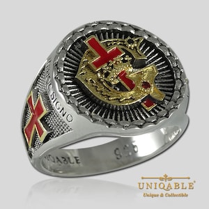 Uniqable Knights Templar Ring 925 Sterling Silver – Masonic Cross & Crown Freemason Ring, 18K Gold Plated, Made in USA