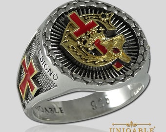 Knights Templar Ring: Masonic Cross & Crown, 925 Sterling Silver, 18K Gold Plated