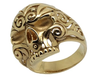 14K Yellow Gold Skull Ring: Handmade Floral Biker Ring