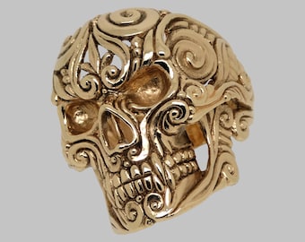 10K Yellow Gold Sugar Skull Ring: Floral Biker Ring