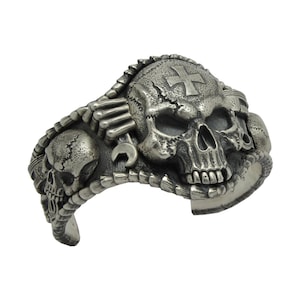 Huge and Heavy Sterling Silver 925 Men’s Biker Skull Cuff Bangle Bracelet Ring Masonic Harley Handmade Extremely Unique