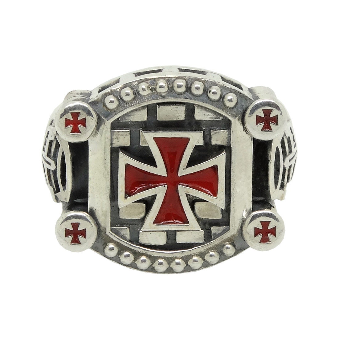 Red Cross Enamel Men Jewelry Maltese cross KTR024 925 Sterling Silver Shield and Sword Handmade Knight Templar Ring