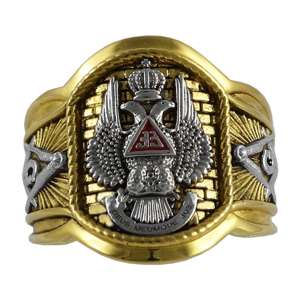 Scottish Rite 33 Degree Master Mason Masonic Ring White and Yellow 18k Gold Plated 20 Grams Double Eagle Handcrafted BR-24