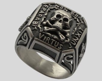 Handmade Sterling Silver Masonic Skull Ring: Knight Templar Biker Jewelry