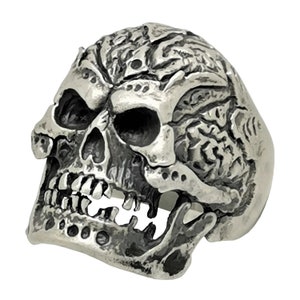 Full Jaw Harley Skull Biker Ring, Brain Design Gothic Style Sterling Silver Skull, Man Jewelry, Rustic Finish Motorcycle Jewelry SK20