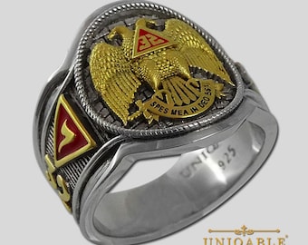 Anello massonico di 32° grado fatto a mano - Argento Sterling 925, Aquila in oro 18 carati
