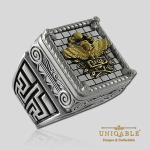UNIQABLE Roman Eagle Ring 925 Sterling Silver – SPQR Empire Symbol – 18K Gold Plated – Handmade Imperial Statement Ring for Men
