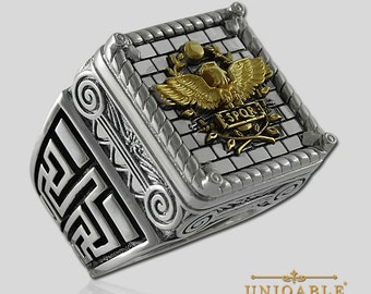 UNIQABLE IMPERIAL ROMAN Eagle Empire S.P.Q.R. Sterling Silver 925 18K Gold Plated Ring