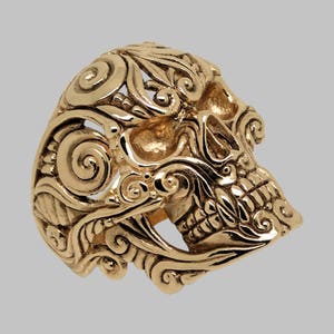 Anillo de oro amarillo macizo de 14 quilates, anillo de calavera mexicana de azúcar, anillo de motociclista para hombre, calavera mexicana, anillo de motociclista floral, anillo de calavera hecho a mano, calavera de motociclista