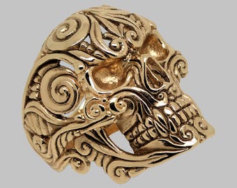 14K Gold Sugar Skull Ring: Floral Biker Jewelry