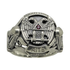 Sterling Silber 925 Scottish Rite Freimaurer Ring, Rubin Stein Tempelritter, Handgefertigter Doppelkopf Adler Herren Freimaurer Schmuck