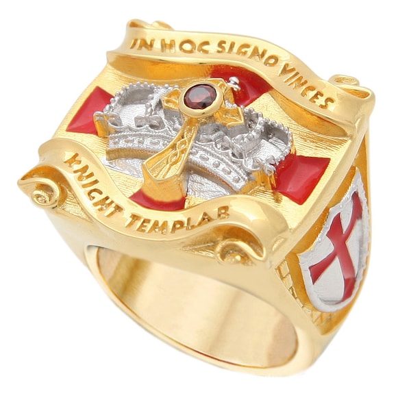 Bague maçonnique Knight Templar 18k Or Blanc et Jaune Pld Croix & Couronne 45 Gr Unique Design Artisanal Homme Taille BR-1