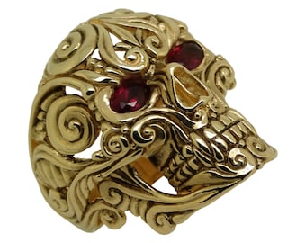 14K Gold Skull Ring, Ruby Eyes, Handmade Floral Design
