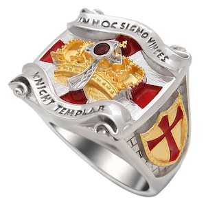 Handmade Knight Templar Masonic Ring | 18k White and Yellow Gold Plated | Cross & Crown, 45g Unique Design | Men&#39;s BR-2