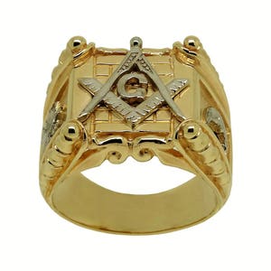 Handmade 14K Solid Yellow and White Gold Custom Made Masonic Freemasonry Ring with antique finish KTR016YWG14K